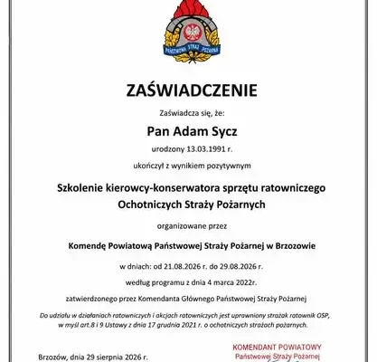 Nowe uprawnienia w OSP – druh Adam Sycz ukończył szkolenie kierowcy-konserwatora