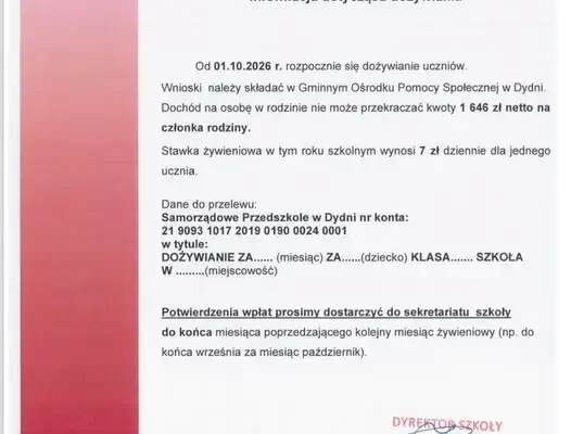 Dożywianie w Szkole Podstawowej w Dydni – wnioski do GOPS, stawka 7 zł