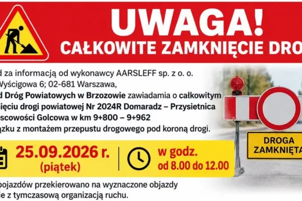 Golcowa: droga powiatowa Domaradz – Przysietnica zamknięta w piątek 25 września