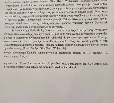 Rada Gminy Nozdrzec odrzuciła petycję o nadanie nazwy „Skwer Pamięci Ofiar Rzezi Wołyńskiej”