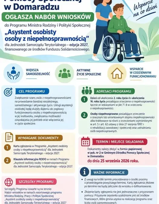 Domaradz: rusza nabór do programu „Asystent osobisty osoby z niepełnosprawnością” – edycja 2027